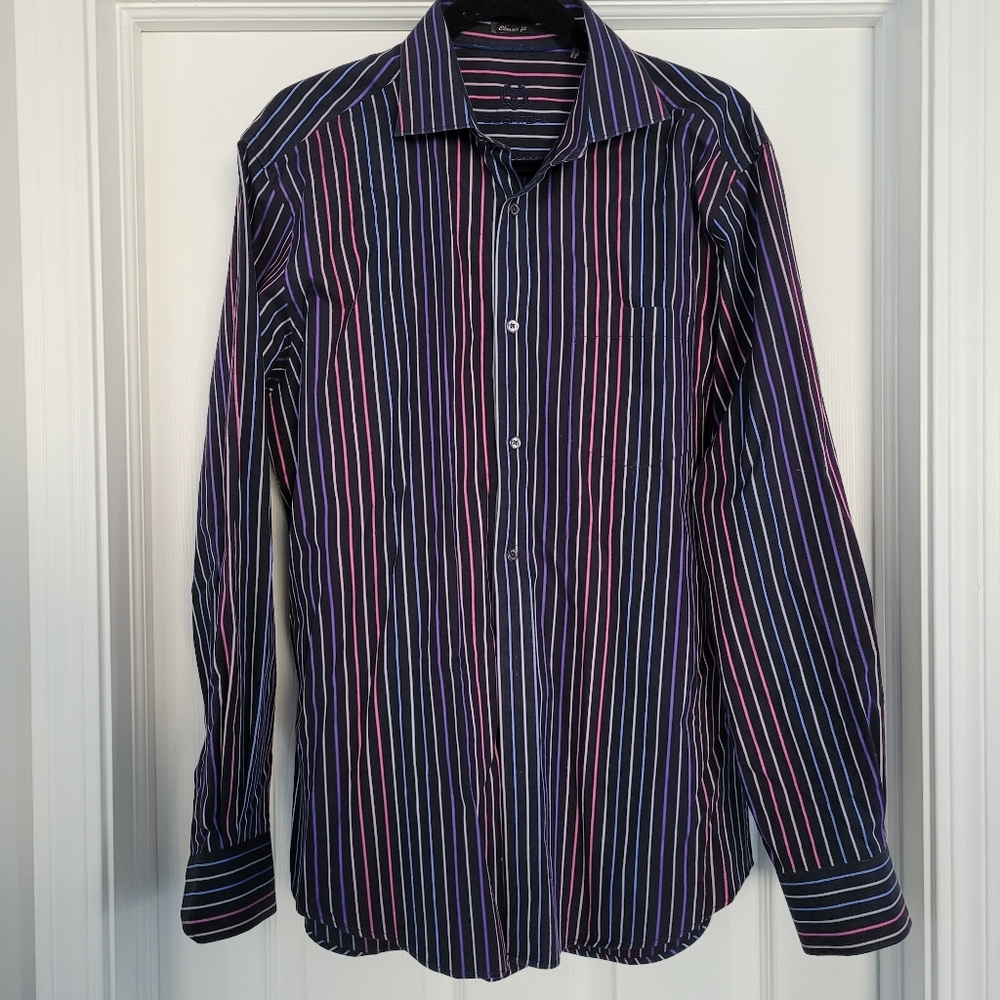 Bugatchi Navy Striped Dress Shirt Button down size L